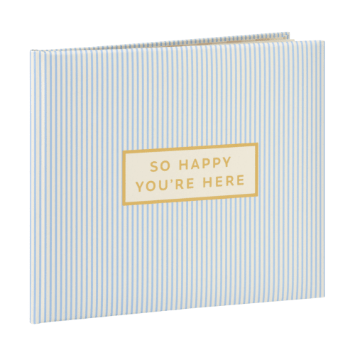 So Happy You're Here Blue and White Striped Guest Book