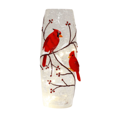 Cardinals and Berry Branches Illuminated Glass Lantern Décor