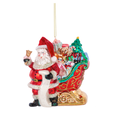 Santa with Presents in Sleigh Glass Ornament