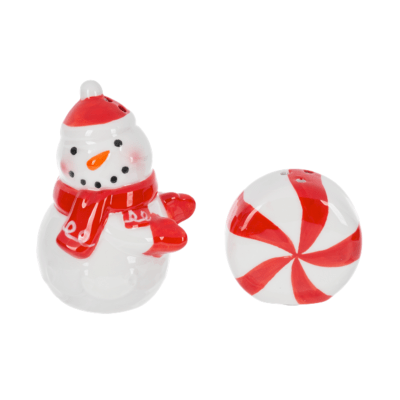 Snowman with Peppermint Salt and Pepper Shakers, Set of 2