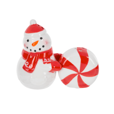 Snowman with Peppermint Salt and Pepper Shakers, Set of 2