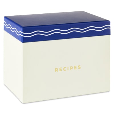Blue and White Recipe Organizer Box With Recipe Cards