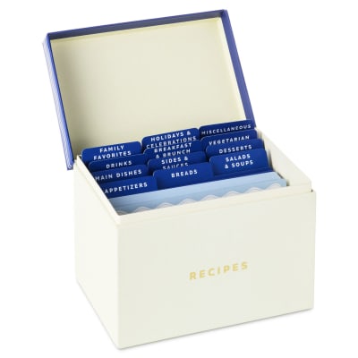 Blue and White Recipe Organizer Box With Recipe Cards