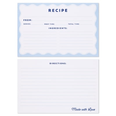 Blue and White Recipe Organizer Box With Recipe Cards