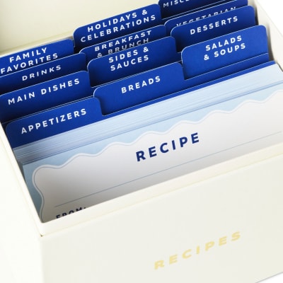 Blue and White Recipe Organizer Box With Recipe Cards
