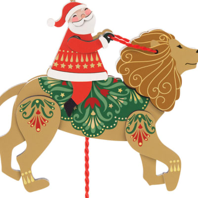 Pull-String Lion With Santa Wood Ornament