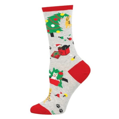 Socksmith Women's 'Kitty Christmas Chaos' Light Gray Heather Socks
