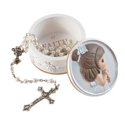 Precious Moments | Faith Is The Light That Guides You Rosary Box with Rosary, Brunette Girl