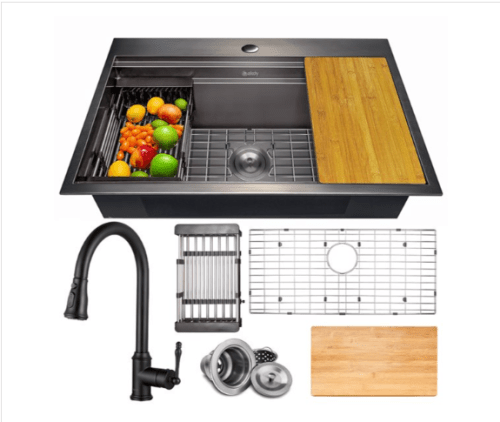 AKDY Drop-In 33-in x 22-in Gunmetal 1-Hole Workstation Kitchen Sink/All-In One Kit